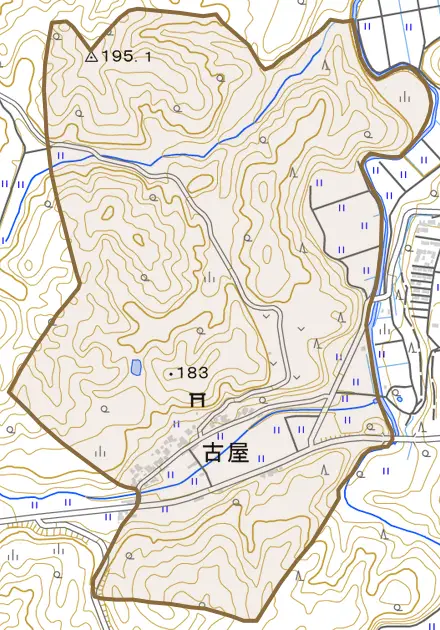 古屋とその周辺の地図。町の範囲を重ねている