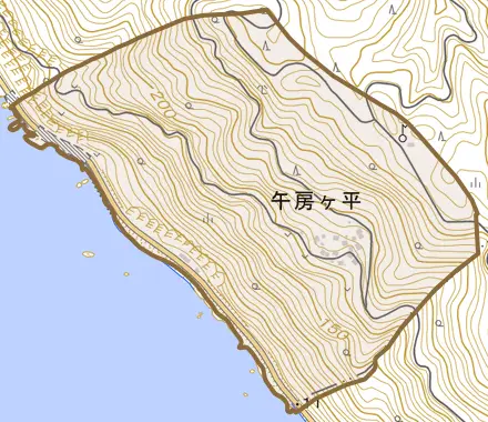 午房ヶ平とその周辺の地図。町の範囲を重ねている