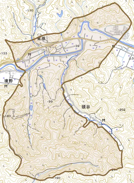 茱原とその周辺の地図。町の範囲を重ねている