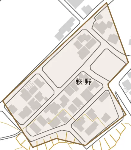 萩野とその周辺の地図。町の範囲を重ねている