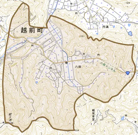 八田とその周辺の地図。町の範囲を重ねている