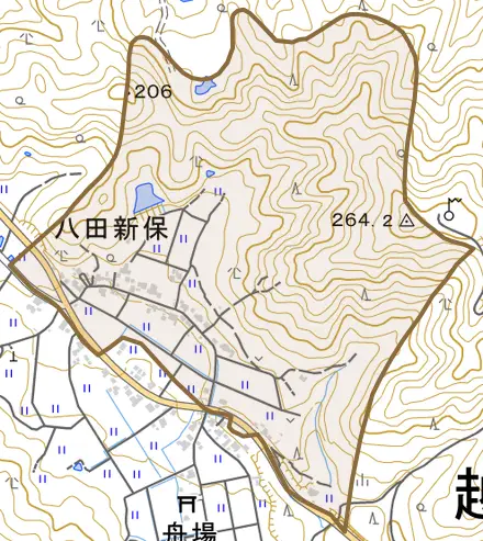 八田新保とその周辺の地図。町の範囲を重ねている