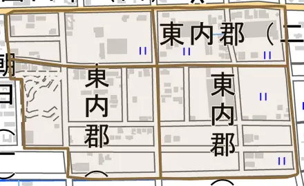 東内郡とその周辺の地図。町の範囲を重ねている