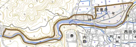 宝泉寺とその周辺の地図。町の範囲を重ねている