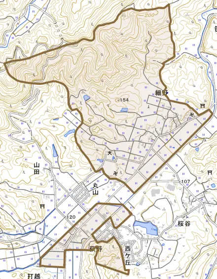 細野とその周辺の地図。町の範囲を重ねている