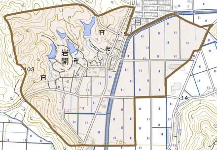 岩開とその周辺の地図。町の範囲を重ねている