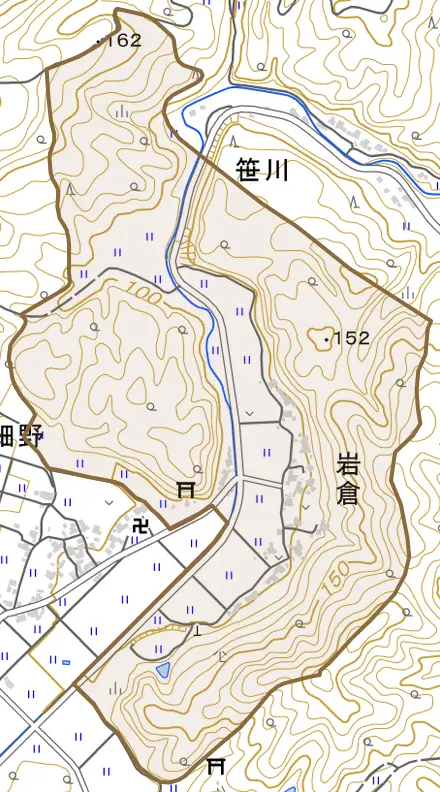 岩倉とその周辺の地図。町の範囲を重ねている