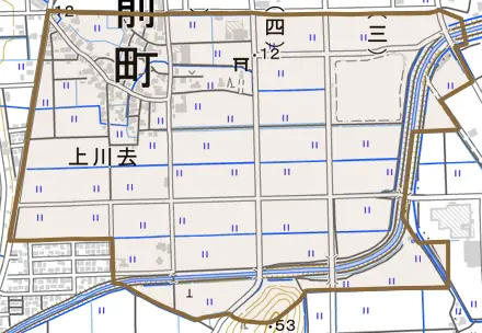 上川去とその周辺の地図。町の範囲を重ねている