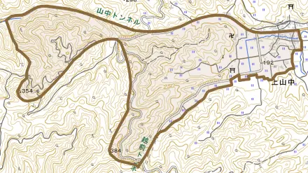 上山中とその周辺の地図。町の範囲を重ねている