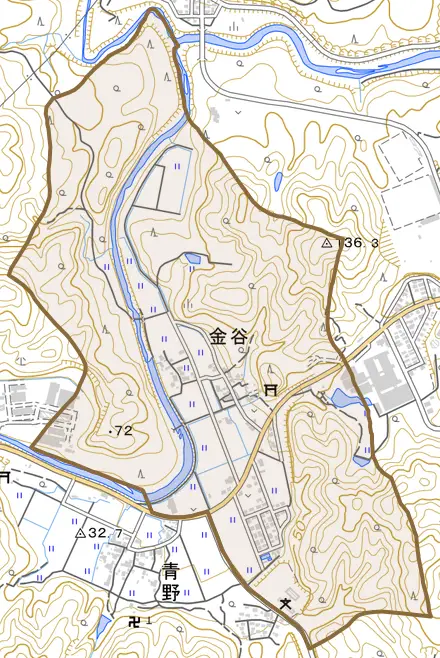 金谷とその周辺の地図。町の範囲を重ねている