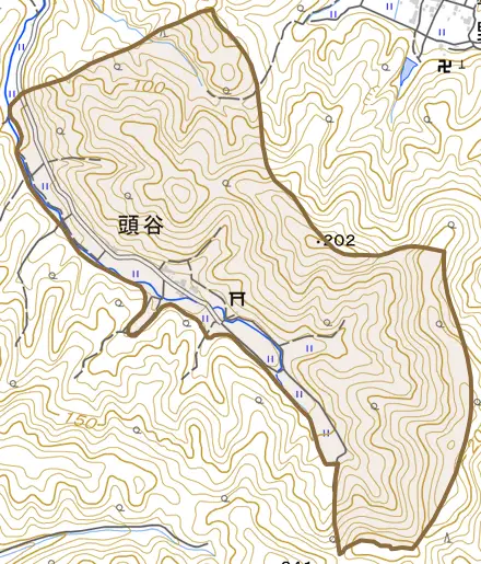 頭谷とその周辺の地図。町の範囲を重ねている