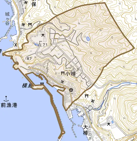 小樟とその周辺の地図。町の範囲を重ねている