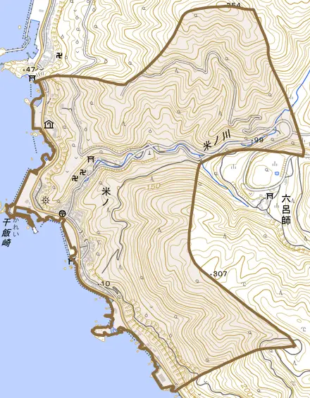 米ノとその周辺の地図。町の範囲を重ねている