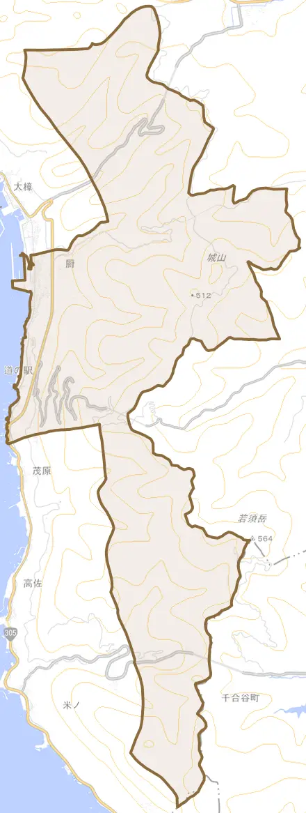 厨とその周辺の地図。町の範囲を重ねている