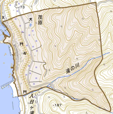 茂原とその周辺の地図。町の範囲を重ねている