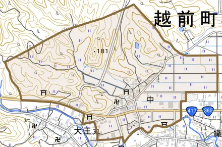 中とその周辺の地図。町の範囲を重ねている