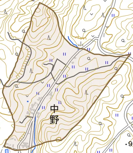 中野とその周辺の地図。町の範囲を重ねている