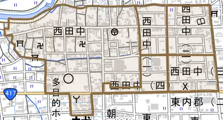 西田中とその周辺の地図。町の範囲を重ねている