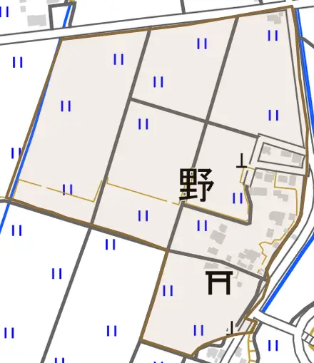 野とその周辺の地図。町の範囲を重ねている