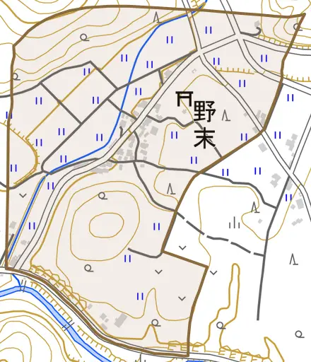 野末とその周辺の地図。町の範囲を重ねている