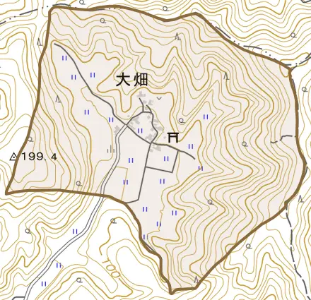 大畑とその周辺の地図。町の範囲を重ねている