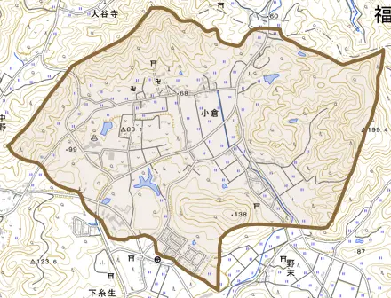 小倉とその周辺の地図。町の範囲を重ねている