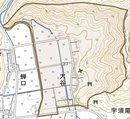 大谷とその周辺の地図。町の範囲を重ねている