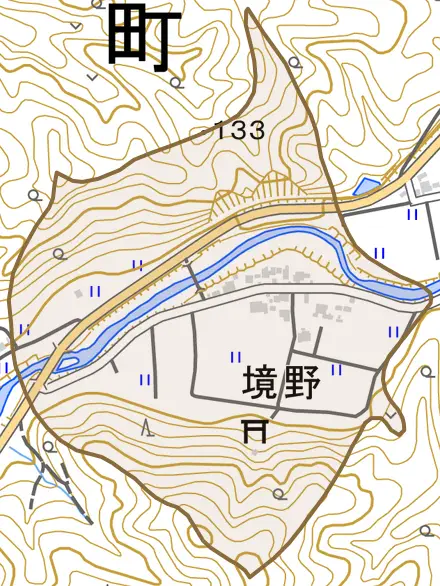 境野とその周辺の地図。町の範囲を重ねている
