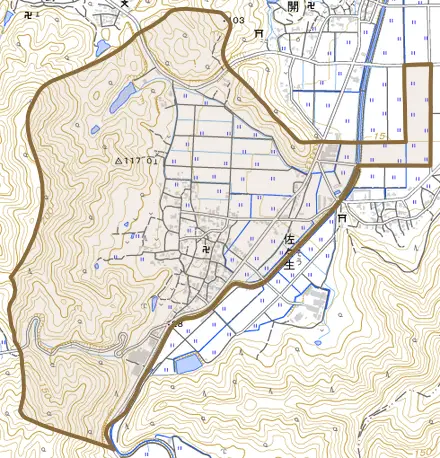 佐々生とその周辺の地図。町の範囲を重ねている