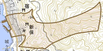 新保とその周辺の地図。町の範囲を重ねている