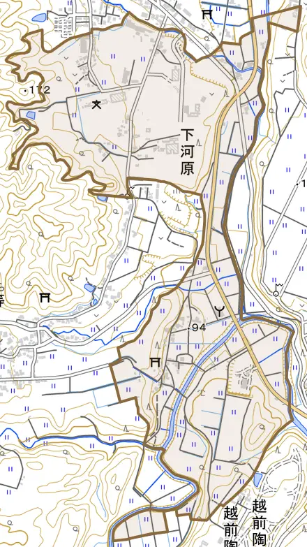 下河原とその周辺の地図。町の範囲を重ねている