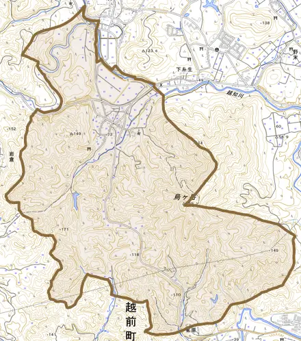 下糸生とその周辺の地図。町の範囲を重ねている