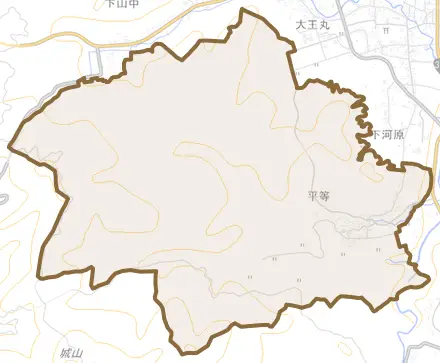 平等とその周辺の地図。町の範囲を重ねている