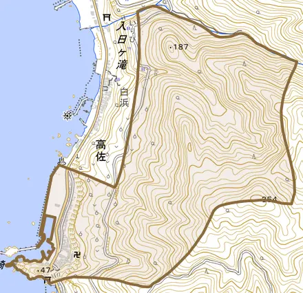 高佐とその周辺の地図。町の範囲を重ねている