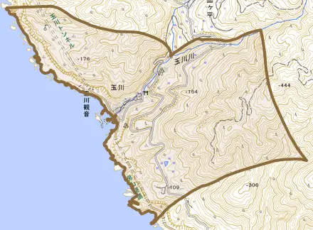 玉川とその周辺の地図。町の範囲を重ねている