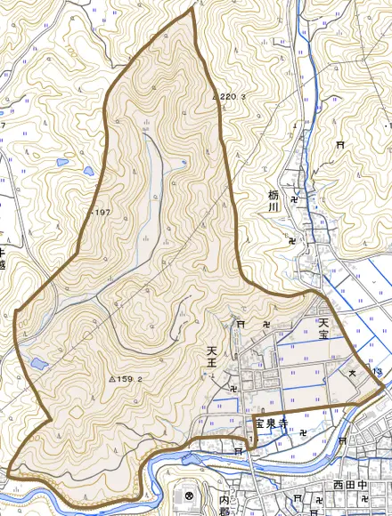 天王とその周辺の地図。町の範囲を重ねている