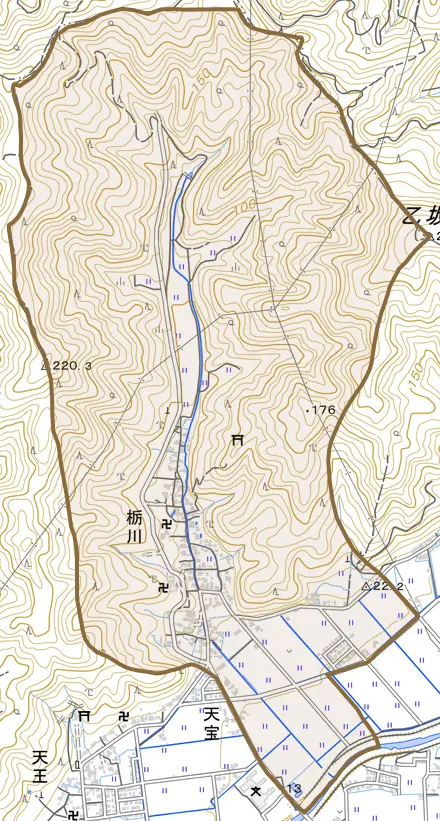 栃川とその周辺の地図。町の範囲を重ねている