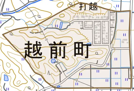 打越とその周辺の地図。町の範囲を重ねている