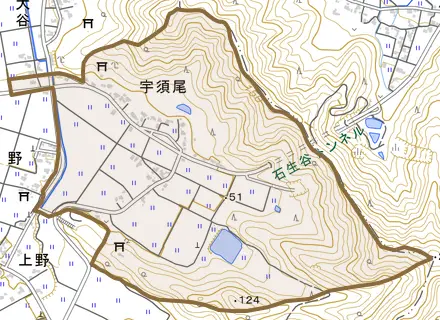 宇須尾とその周辺の地図。町の範囲を重ねている