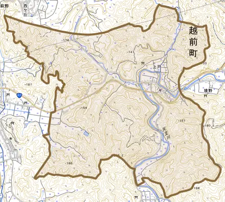 上戸とその周辺の地図。町の範囲を重ねている
