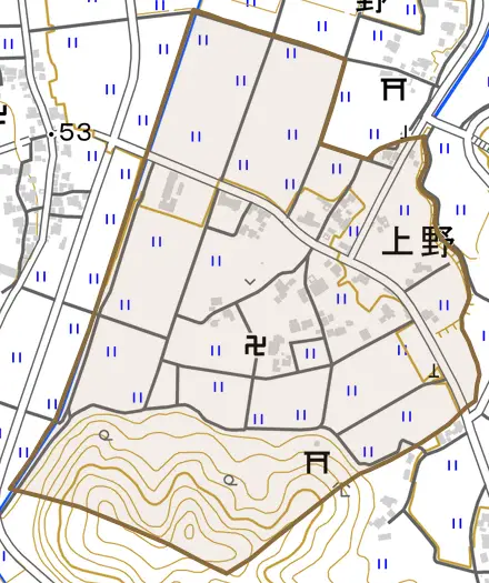 上野とその周辺の地図。町の範囲を重ねている