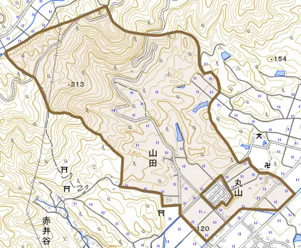 山田とその周辺の地図。町の範囲を重ねている