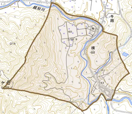 横山とその周辺の地図。町の範囲を重ねている