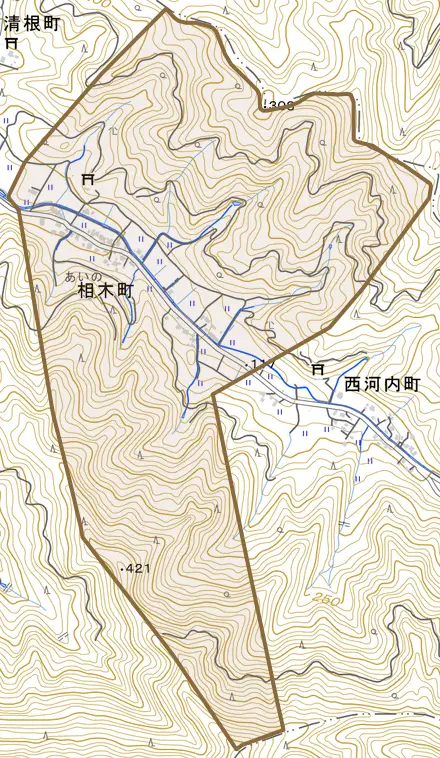 相木町とその周辺の地図。町の範囲を重ねている