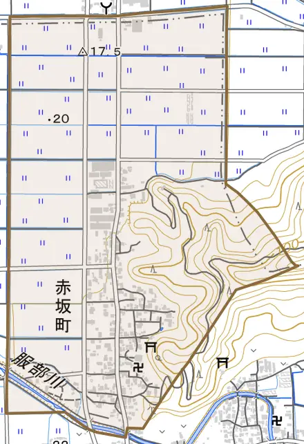 赤坂町とその周辺の地図。町の範囲を重ねている