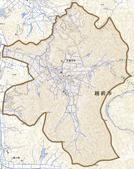 安養寺町とその周辺の地図。町の範囲を重ねている