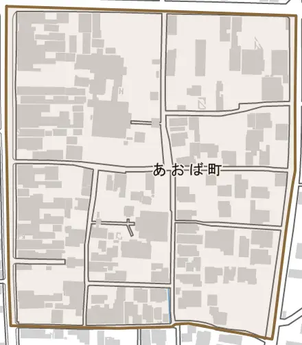 あおば町とその周辺の地図。町の範囲を重ねている