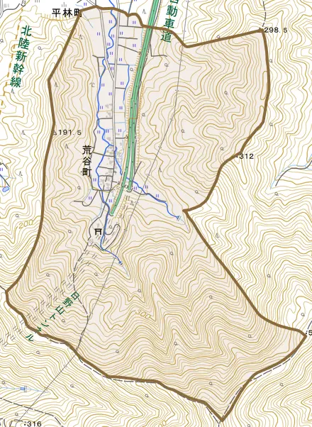 荒谷町とその周辺の地図。町の範囲を重ねている