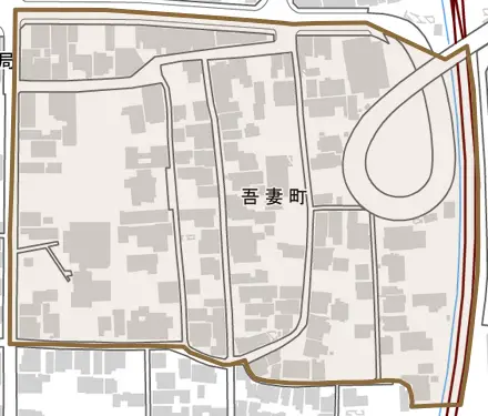 吾妻町とその周辺の地図。町の範囲を重ねている