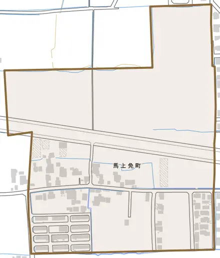馬上免町とその周辺の地図。町の範囲を重ねている